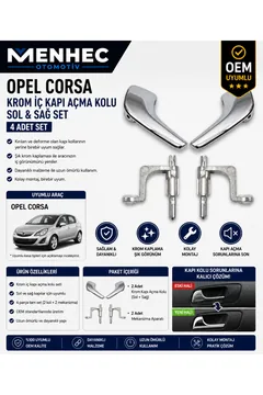 Opel Corsa Krom İç Kapı Açma Kolu Sol Sağ Set 4 Adet İç Kapı Kolu Tamir Parçası OEM Uyumlu