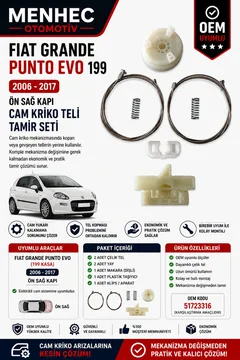Fiat Grande Punto Evo 199 2006-2017 Ön Sağ Cam Kriko Teli Tamir Seti Cam Mekanizması Onarım Kiti OEM Uyumlu