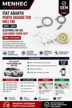 Fiat Abarth Punto Grande Evo MK3 199 Ön Sol Cam Kriko Teli Tamir Seti 2005-2024 OEM 51723316 Uyumlu